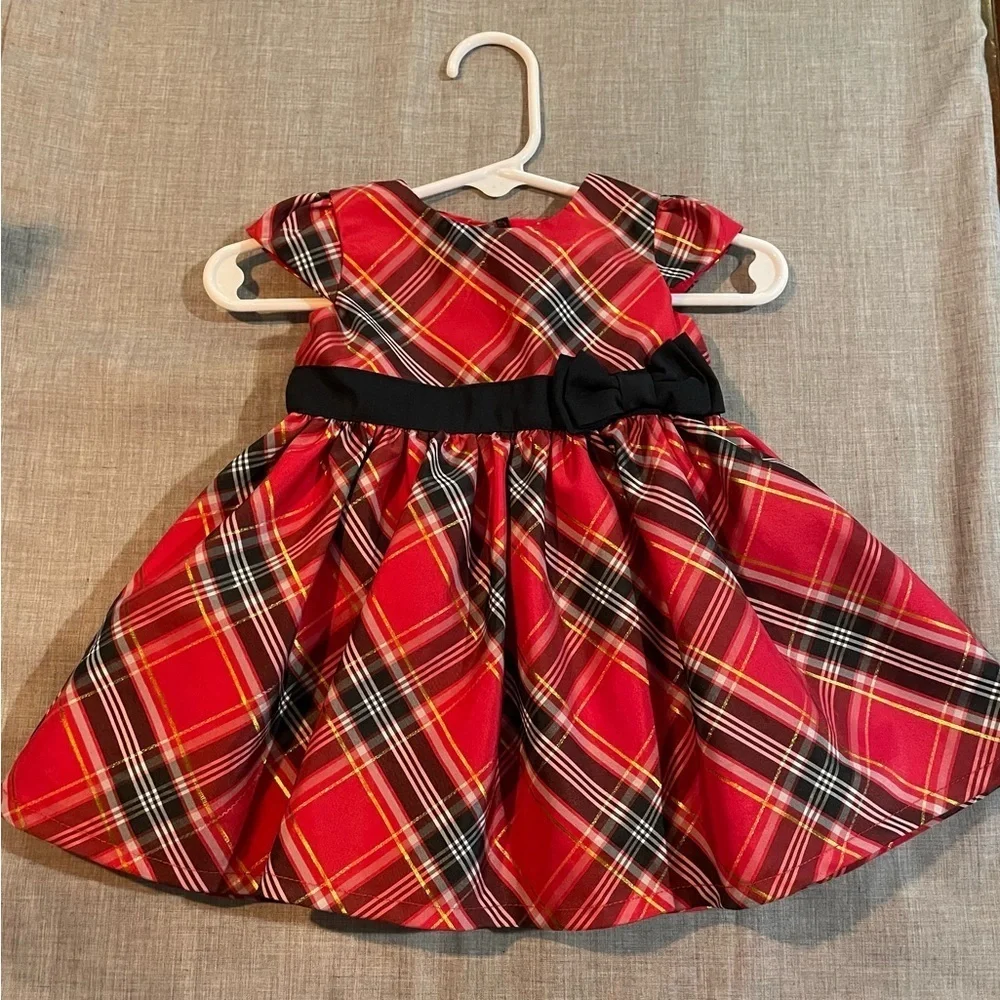 Infant Holiday Red Plaid Dress with Black Bow